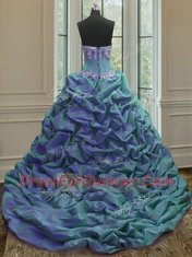 Traditional Sweetheart Sleeveless Organza and Taffeta Quinceanera Dresses Beading and Appliques and Pick Ups Sweep Train Lace Up