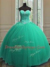 Exquisite Sequins Floor Length Turquoise Quinceanera Gowns Sweetheart Sleeveless Lace Up