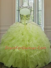 Dramatic Scoop Yellow Green Lace Up Quince Ball Gowns Beading and Ruffles Sleeveless Floor Length