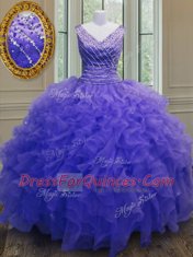 Fabulous Purple Zipper Quince Ball Gowns Beading and Ruffles Sleeveless Floor Length