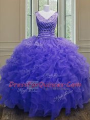 Fabulous Purple Zipper Quince Ball Gowns Beading and Ruffles Sleeveless Floor Length