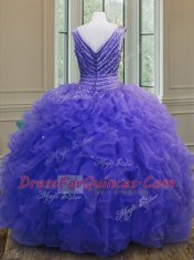 Fabulous Purple Zipper Quince Ball Gowns Beading and Ruffles Sleeveless Floor Length
