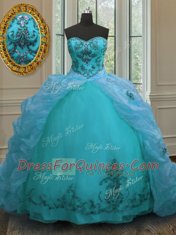 With Train Aqua Blue Quince Ball Gowns Organza Court Train Sleeveless Beading and Appliques and Pick Ups