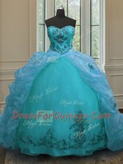 With Train Aqua Blue Quince Ball Gowns Organza Court Train Sleeveless Beading and Appliques and Pick Ups