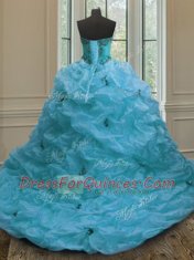 With Train Aqua Blue Quince Ball Gowns Organza Court Train Sleeveless Beading and Appliques and Pick Ups