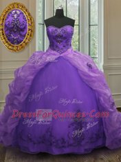 Purple Organza Lace Up Quinceanera Dresses Sleeveless With Train Court Train Beading and Appliques and Pick Ups