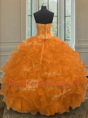 Cheap Floor Length Lace Up Sweet 16 Dresses Orange for Military Ball and Sweet 16 and Quinceanera with Beading and Embroidery and Ruffles