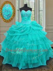 High End Aqua Blue Sweetheart Lace Up Beading and Ruffled Layers and Pick Ups 15 Quinceanera Dress Sleeveless