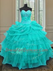 High End Aqua Blue Sweetheart Lace Up Beading and Ruffled Layers and Pick Ups 15 Quinceanera Dress Sleeveless