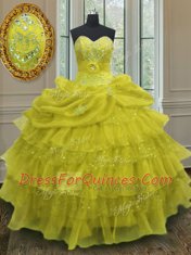 Organza Sweetheart Sleeveless Lace Up Beading and Ruffled Layers and Pick Ups Sweet 16 Quinceanera Dress in Yellow