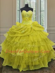 Organza Sweetheart Sleeveless Lace Up Beading and Ruffled Layers and Pick Ups Sweet 16 Quinceanera Dress in Yellow