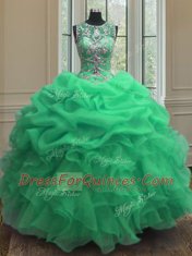 Green Ball Gowns Organza Scoop Sleeveless Beading and Ruffles Floor Length Lace Up Sweet 16 Quinceanera Dress