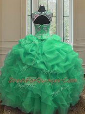Green Ball Gowns Organza Scoop Sleeveless Beading and Ruffles Floor Length Lace Up Sweet 16 Quinceanera Dress