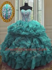 Inexpensive Turquoise Sleeveless Floor Length Beading and Ruffles Lace Up 15th Birthday Dress