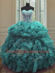 Inexpensive Turquoise Sleeveless Floor Length Beading and Ruffles Lace Up 15th Birthday Dress