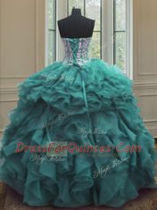 Inexpensive Turquoise Sleeveless Floor Length Beading and Ruffles Lace Up 15th Birthday Dress