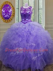 Noble Floor Length Lavender 15th Birthday Dress Bateau Sleeveless Lace Up