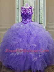 Noble Floor Length Lavender 15th Birthday Dress Bateau Sleeveless Lace Up