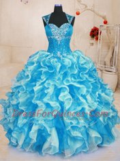 Aqua Blue Lace Up Sweet 16 Dress Beading and Ruffles Sleeveless Floor Length