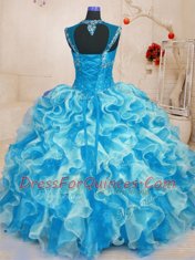 Aqua Blue Lace Up Sweet 16 Dress Beading and Ruffles Sleeveless Floor Length