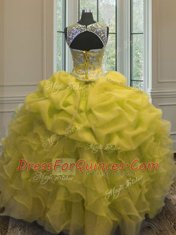 Scoop Yellow Sleeveless Beading and Ruffles and Pick Ups Floor Length Quinceanera Dress