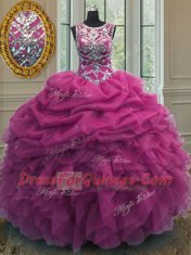 Affordable Fuchsia Ball Gowns Scoop Sleeveless Organza Floor Length Lace Up Beading and Ruffles and Pick Ups Quinceanera Gown