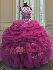 Affordable Fuchsia Ball Gowns Scoop Sleeveless Organza Floor Length Lace Up Beading and Ruffles and Pick Ups Quinceanera Gown