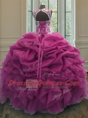 Affordable Fuchsia Ball Gowns Scoop Sleeveless Organza Floor Length Lace Up Beading and Ruffles and Pick Ups Quinceanera Gown