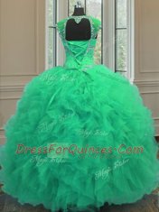 High End Straps Beading and Ruffles and Sequins Quinceanera Dresses Turquoise Lace Up Cap Sleeves Floor Length
