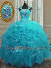 Aqua Blue Ball Gowns Straps Cap Sleeves Organza Floor Length Lace Up Beading and Ruffles and Sequins Quinceanera Gowns