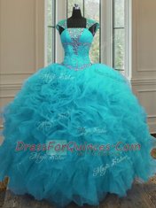 Aqua Blue Ball Gowns Straps Cap Sleeves Organza Floor Length Lace Up Beading and Ruffles and Sequins Quinceanera Gowns