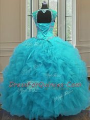 Aqua Blue Ball Gowns Straps Cap Sleeves Organza Floor Length Lace Up Beading and Ruffles and Sequins Quinceanera Gowns