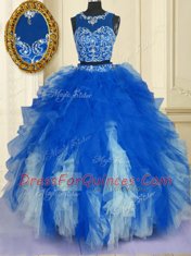 Blue And White Scoop Zipper Beading and Ruffles 15th Birthday Dress Sleeveless