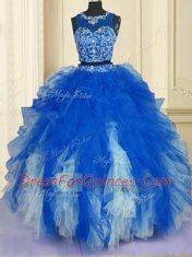 Blue And White Scoop Zipper Beading and Ruffles 15th Birthday Dress Sleeveless