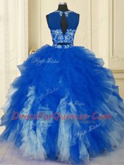 Blue And White Scoop Zipper Beading and Ruffles 15th Birthday Dress Sleeveless