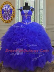 Classical Straps Cap Sleeves Organza Quinceanera Gowns Beading and Ruffles and Sequins Lace Up