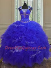 Classical Straps Cap Sleeves Organza Quinceanera Gowns Beading and Ruffles and Sequins Lace Up