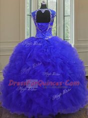 Classical Straps Cap Sleeves Organza Quinceanera Gowns Beading and Ruffles and Sequins Lace Up