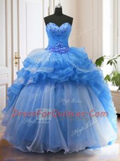 Modest Blue Quinceanera Gown Military Ball and Sweet 16 and Quinceanera and For with Beading and Ruffled Layers Sweetheart Sleeveless Sweep Train Lace Up