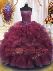 Floor Length Lace Up Sweet 16 Dresses Burgundy for Military Ball and Sweet 16 and Quinceanera with Beading and Ruffles
