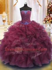 Floor Length Lace Up Sweet 16 Dresses Burgundy for Military Ball and Sweet 16 and Quinceanera with Beading and Ruffles