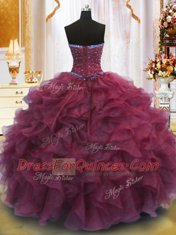 Floor Length Lace Up Sweet 16 Dresses Burgundy for Military Ball and Sweet 16 and Quinceanera with Beading and Ruffles