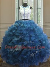 High End Scoop Clasp Handle Organza Sleeveless Floor Length Sweet 16 Quinceanera Dress and Beading and Lace and Ruffles