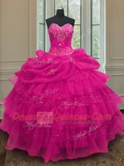 Sequins Pick Ups Ruffled Sweetheart Sleeveless Lace Up Sweet 16 Dresses Fuchsia Organza and Sequined