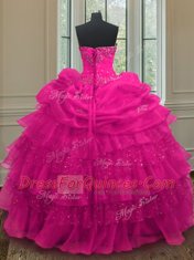 Sequins Pick Ups Ruffled Sweetheart Sleeveless Lace Up Sweet 16 Dresses Fuchsia Organza and Sequined