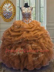 Modern Scoop Pick Ups Floor Length Ball Gowns Sleeveless Brown Sweet 16 Quinceanera Dress Lace Up