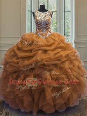 Modern Scoop Pick Ups Floor Length Ball Gowns Sleeveless Brown Sweet 16 Quinceanera Dress Lace Up