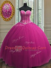 Sleeveless Floor Length Beading and Sequins Lace Up Vestidos de Quinceanera with Fuchsia