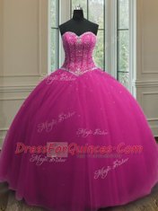 Sleeveless Floor Length Beading and Sequins Lace Up Vestidos de Quinceanera with Fuchsia