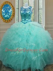 Wonderful Scoop Beading and Ruffles Quinceanera Dress Turquoise Lace Up Sleeveless Floor Length